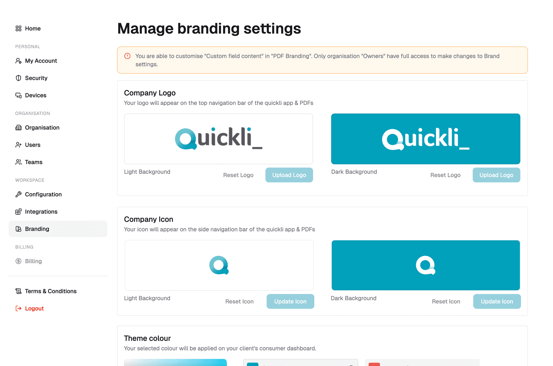 Custom Branding — white-label logo and colour settings
