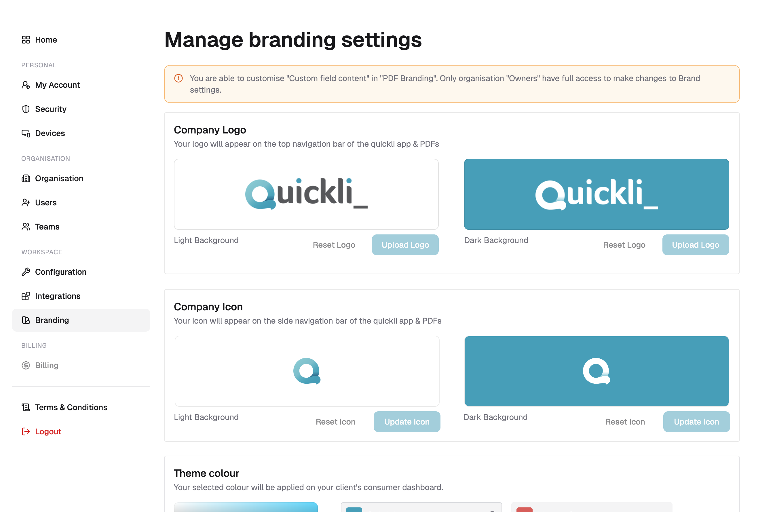 Custom Branding — white-label logo and colour settings